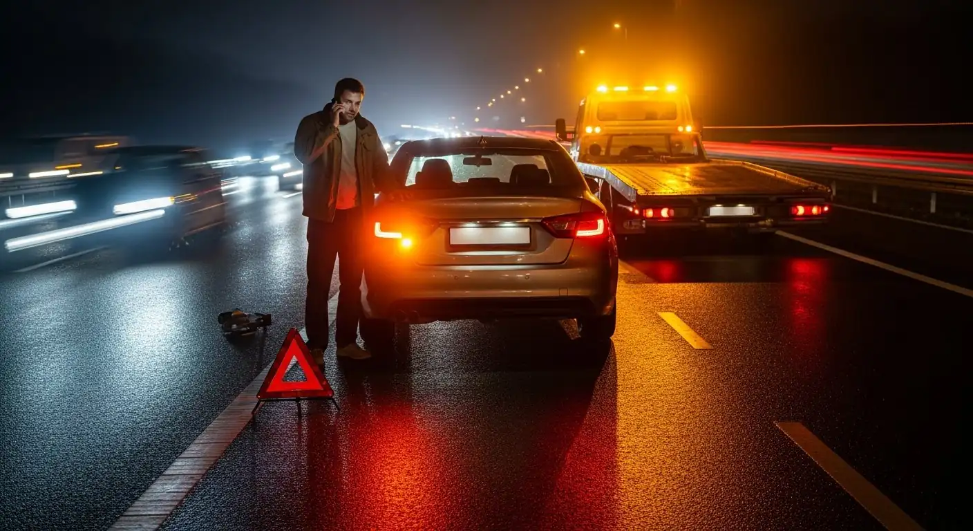 Man calling for help beside broken-down car at night